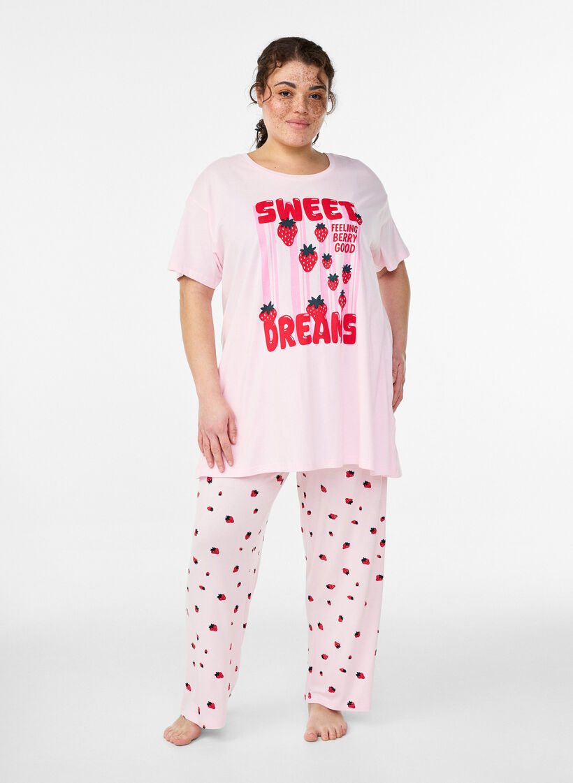 L&aring;ng natt-t-shirt i ekologisk bomull med tryck, Rosa, Model image number 1