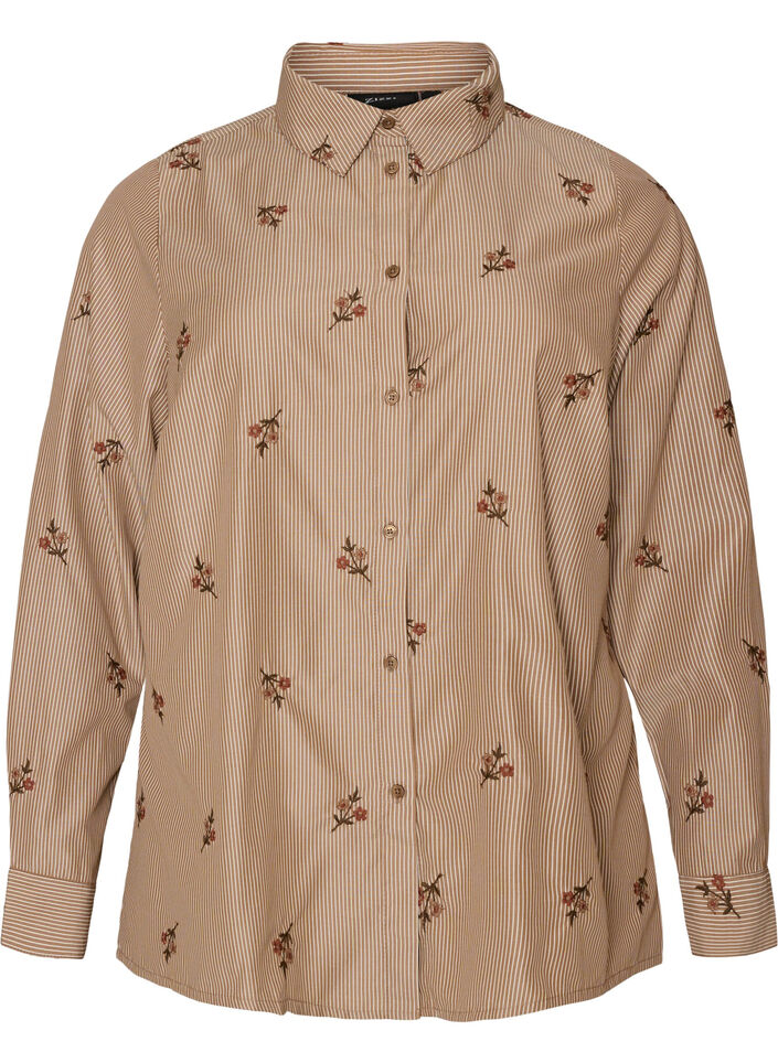 Randig skjorta med broderade blommor, Brun, Packshot