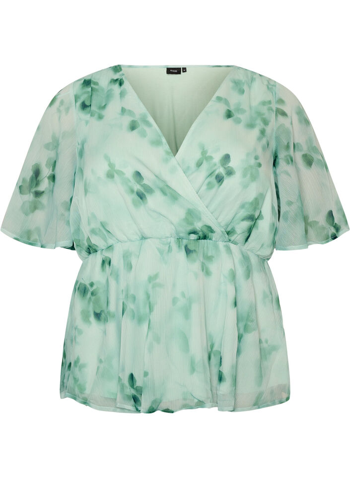 Blus i chiffong med blommor och korta &auml;rmar, Gr&ouml;n, Packshot image number 0