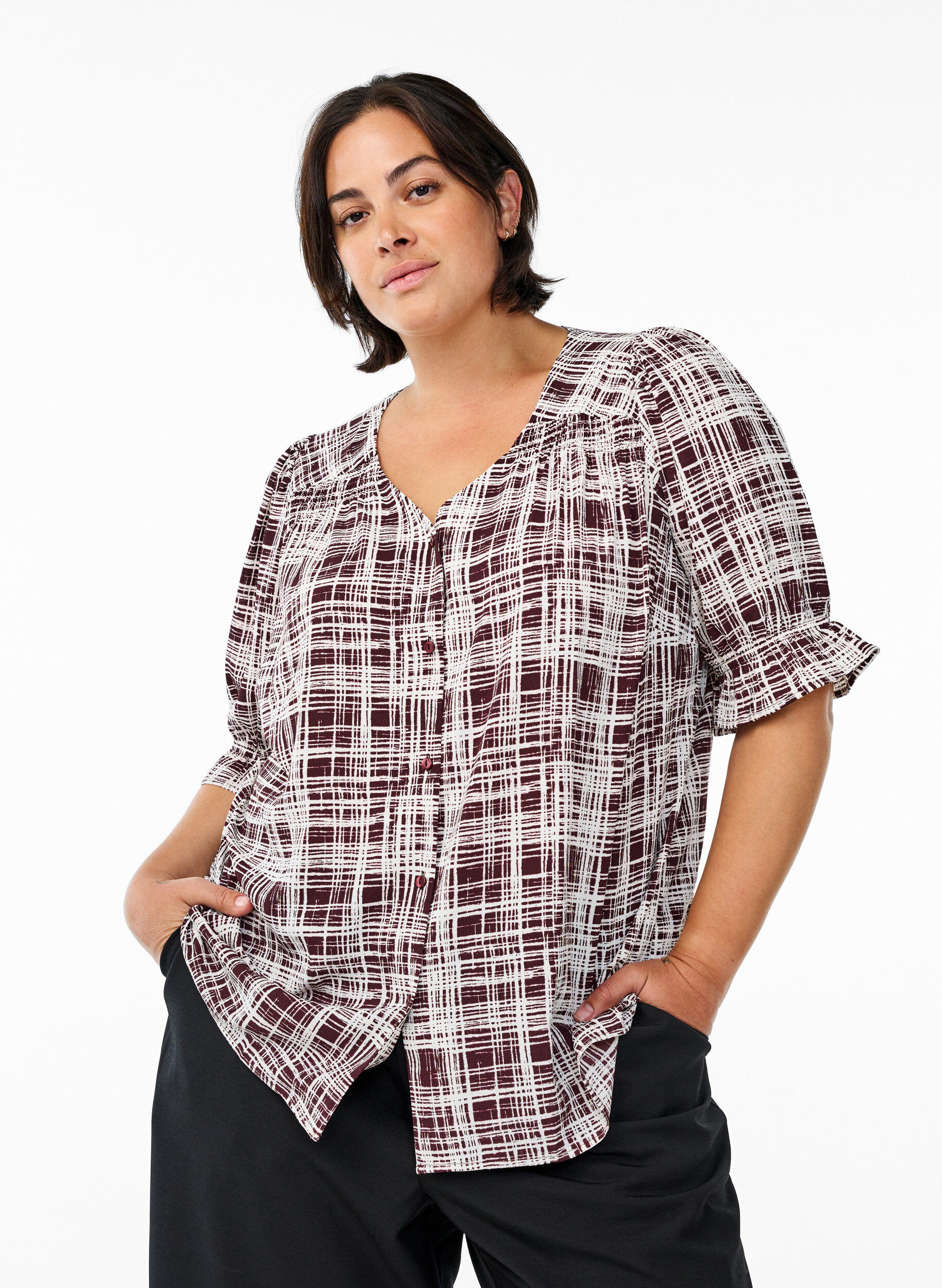 ZizziSkjortblus med halvl&aring;nga &auml;rmar, M&ouml;rk Bordeaux, Model image number 0