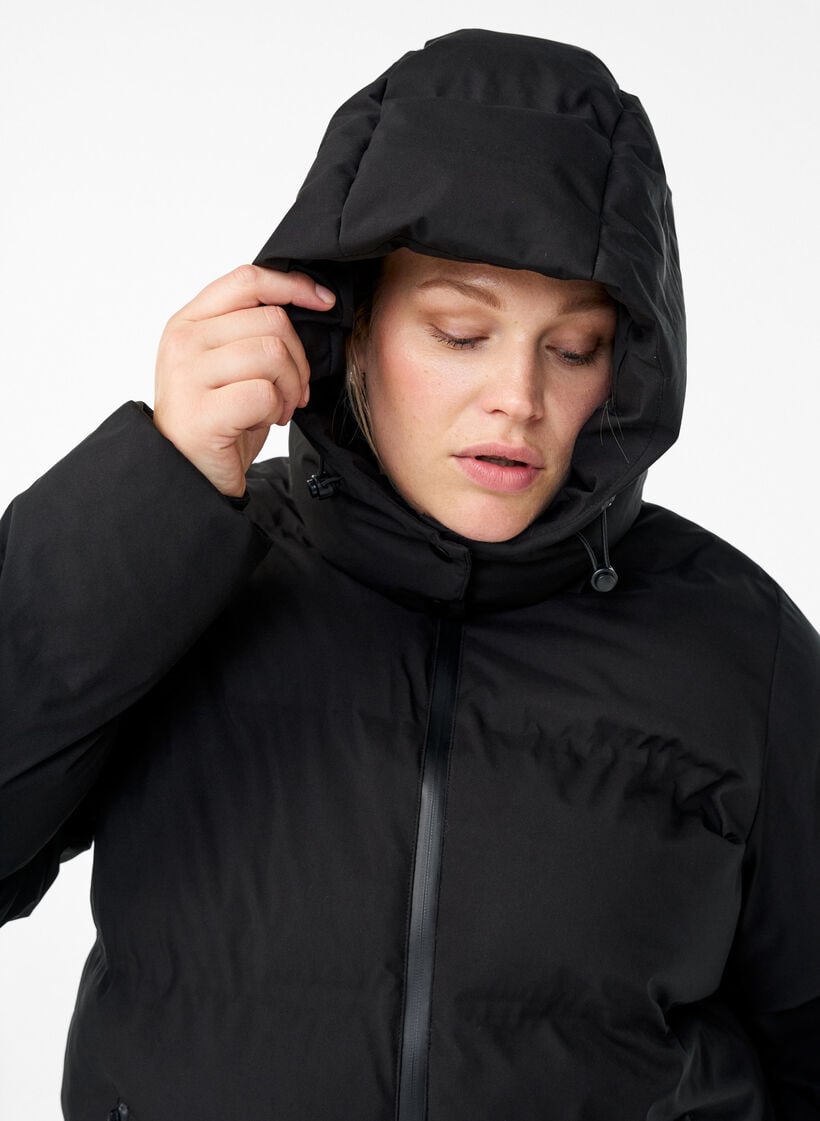 Kort pufferjacka med avtagbar huva, Svart, Model image number 3