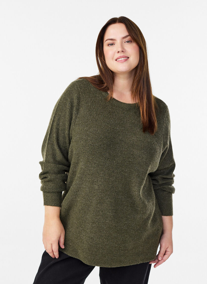 Melerad stickad blus med rund hals, Gr&ouml;n, Model image number 0