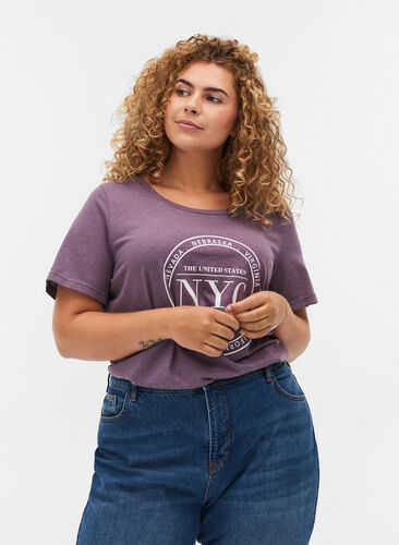 Melerad t-shirt med tryck och korta ärmar, Vintage Violet Mel., Model image number 0