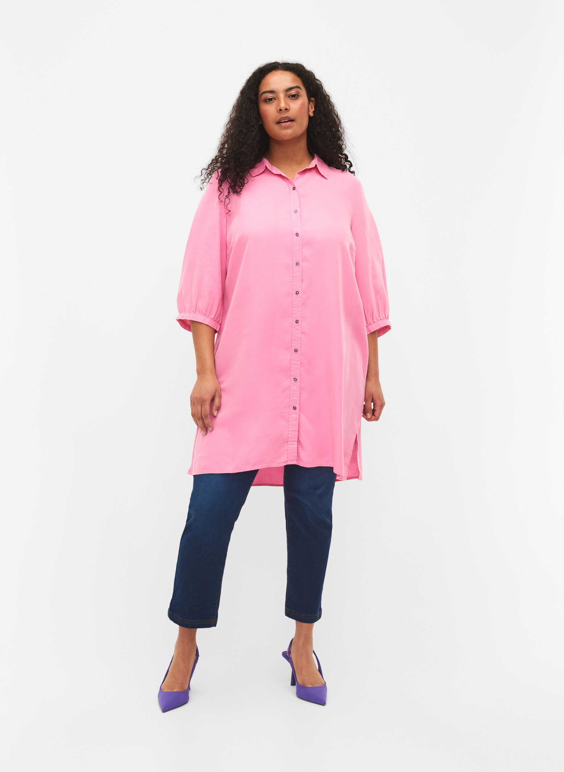Zizzi L&aring;ng skjorta i 100% lyocell (TENCEL&trade;) med 3/4-&auml;rmar, Rosebloom, Model image number 2