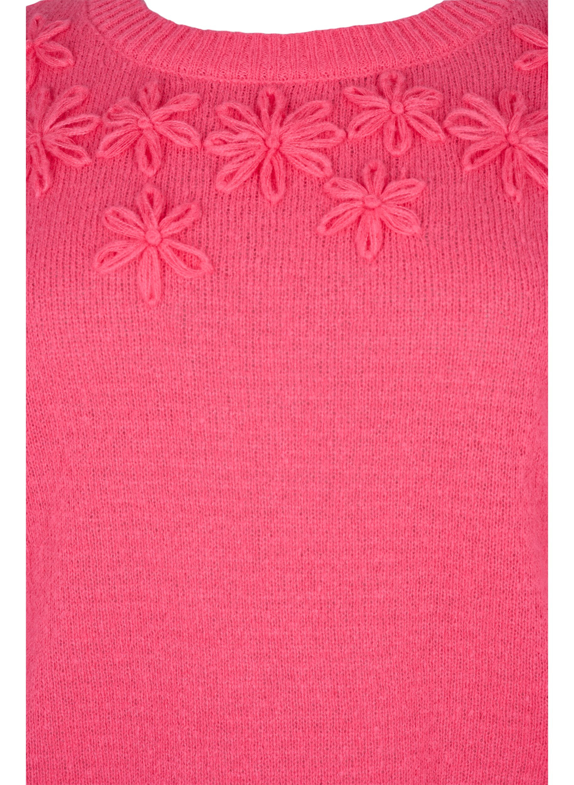 Zizzi Stickad blus med blomsterdetaljer, Hot Pink, Packshot image number 2
