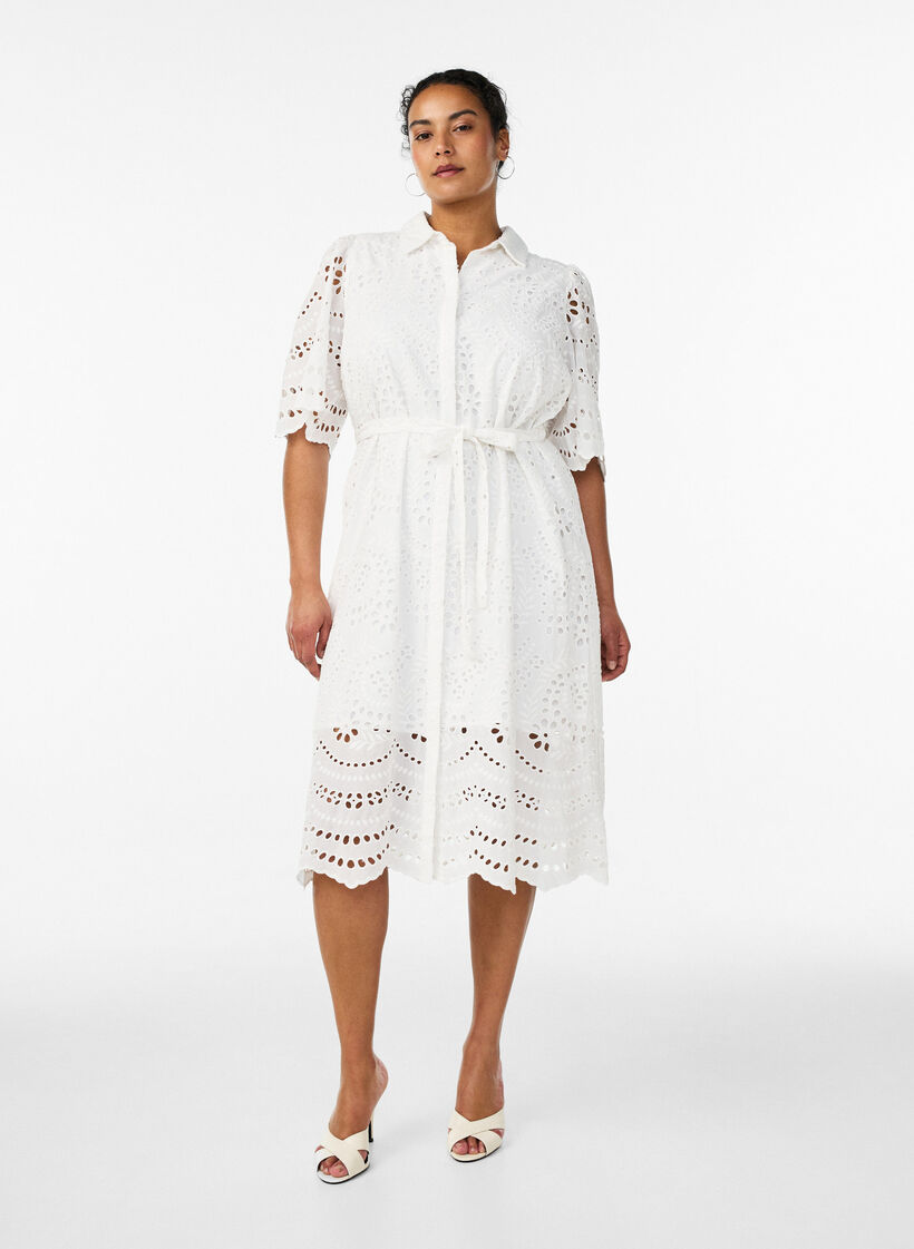 Skjortkl&auml;nning i broderie anglaise med knytb&auml;lte, Vit, Model image number 1