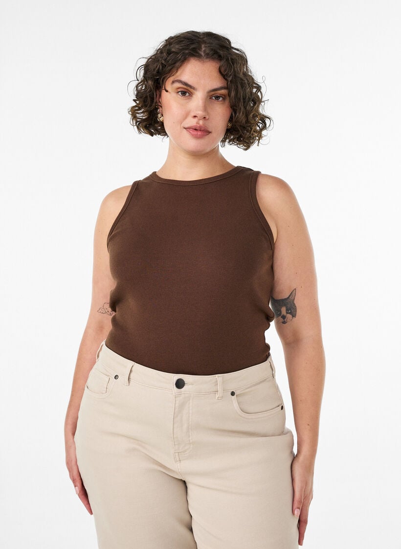 Ribbad topp i bomull med h&ouml;g hals, Brun, Model image number 0