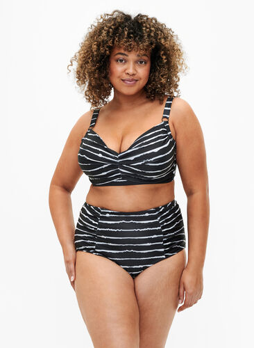 Randig bikiniunderdel med hög midja, Black White Stripe, Model image number 0