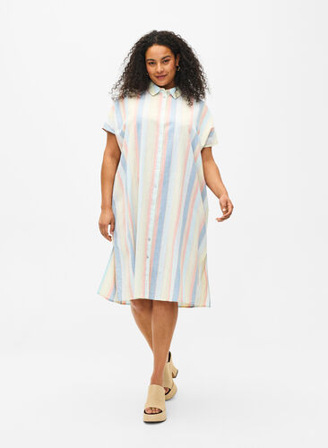 Lång skjorta i bomullsblandning med linne, Multi Color Stripe, Model image number 0