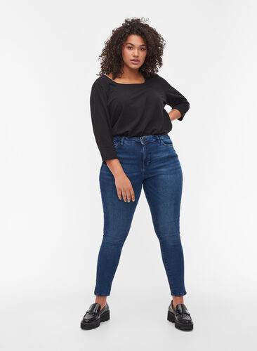 Kampanjvara – Croppade Amy jeans med slits, Blue denim, Model image number 0