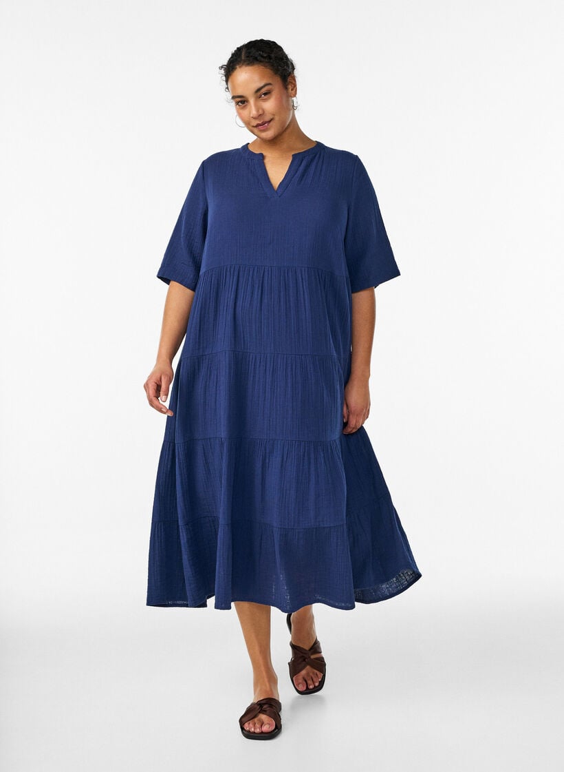 A-linjeformad midikl&auml;nning i bomullsmuslin, Bl&aring;, Model image number 0