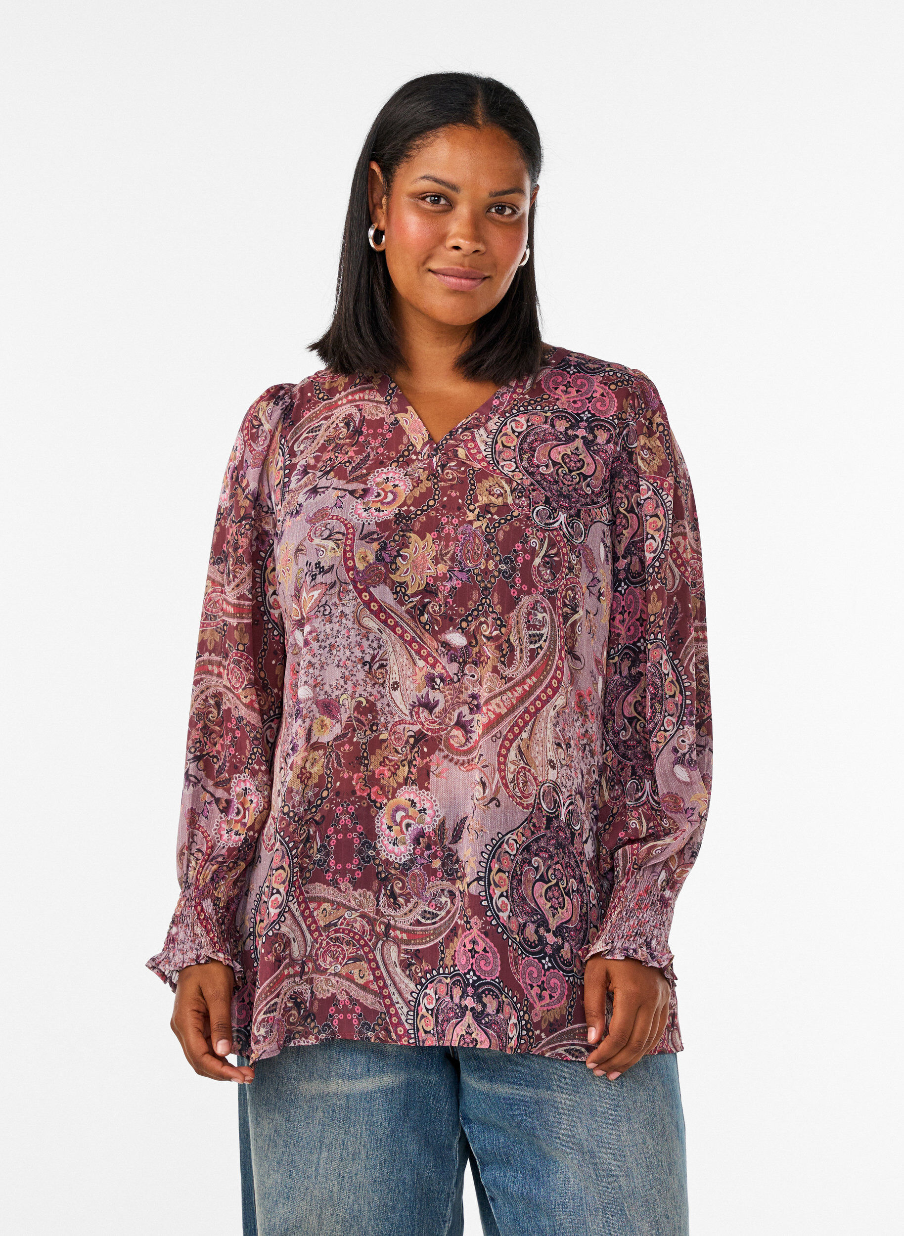 Tunika med paisleym&ouml;nster och smock&auml;rmslut, Rosa, Model