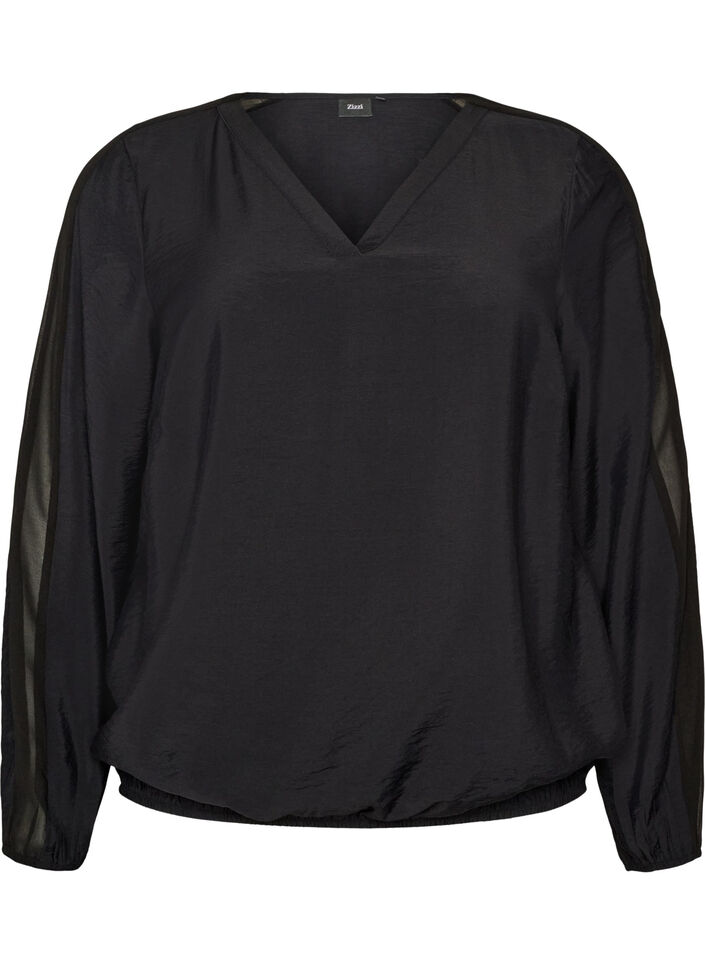 Blus med ballongeffekt och chiffongdetaljer, Svart, Packshot image number 0
