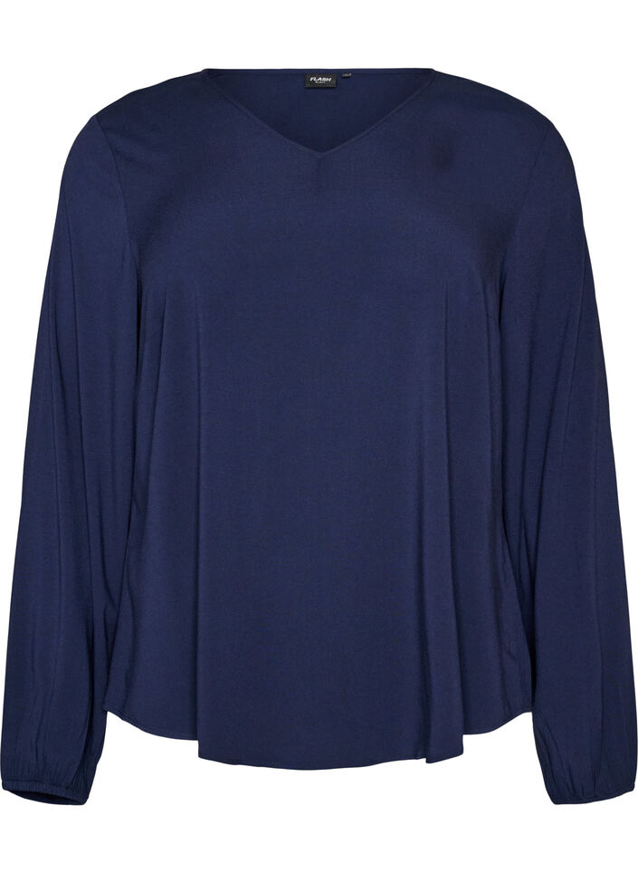 Blus i viskos med v-ringning och rundad nederkant, Bl&aring;, Packshot image number 0