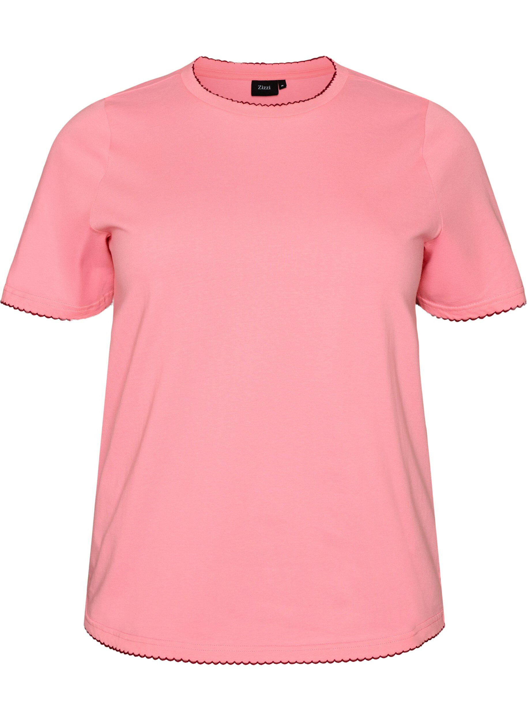 ZizziT-shirt i bomull med v&aring;giga kontrasterande kanter, Rosa, Packshot image number 0