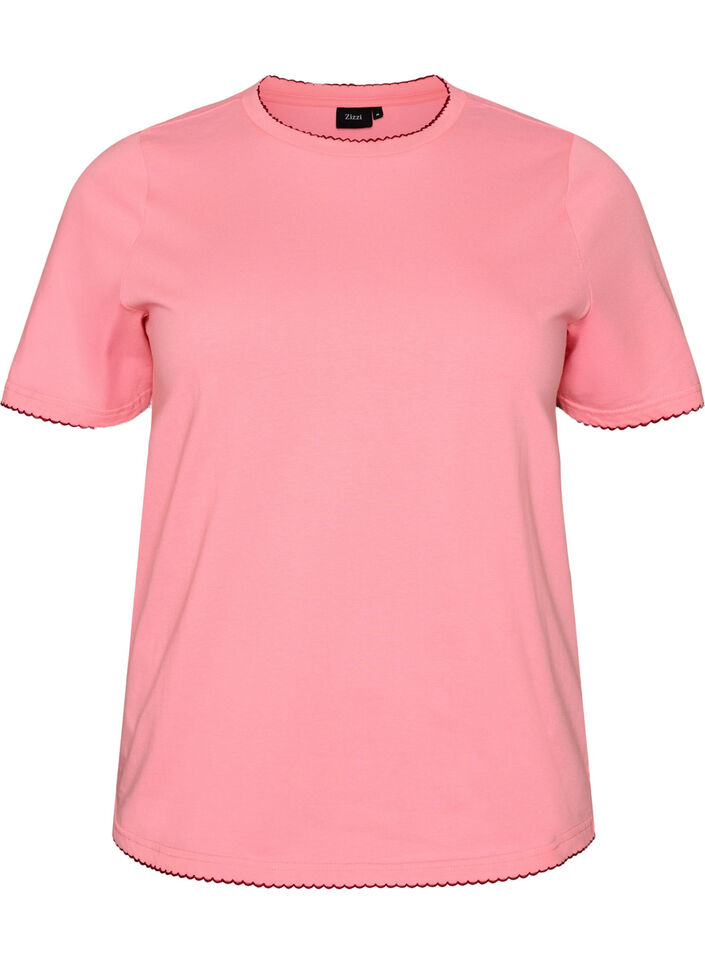 T-shirt i bomull med v&aring;giga kontrasterande kanter, Rosa, Packshot image number 0