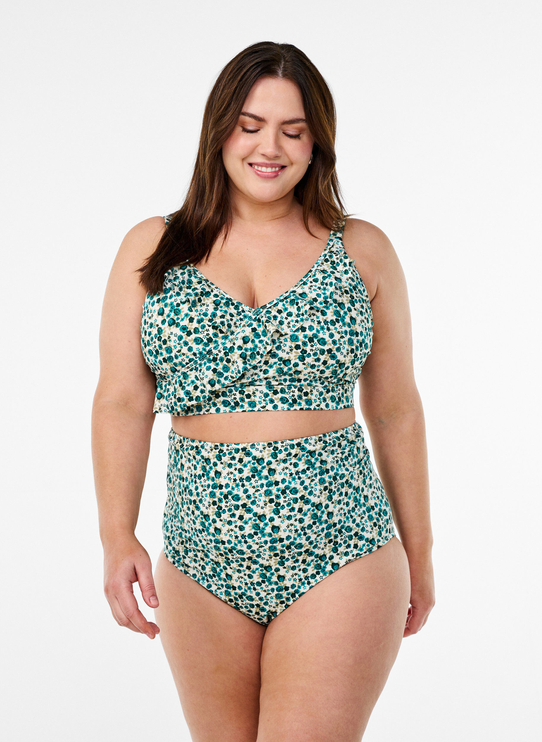 ZizziBikinitopp med blommigt tryck och volangdetaljer, Gr&ouml;n, Model image number 1