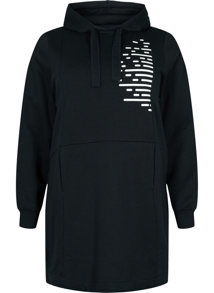 Lång sweatshirt med huva och fickor, Black, Packshot image number 0