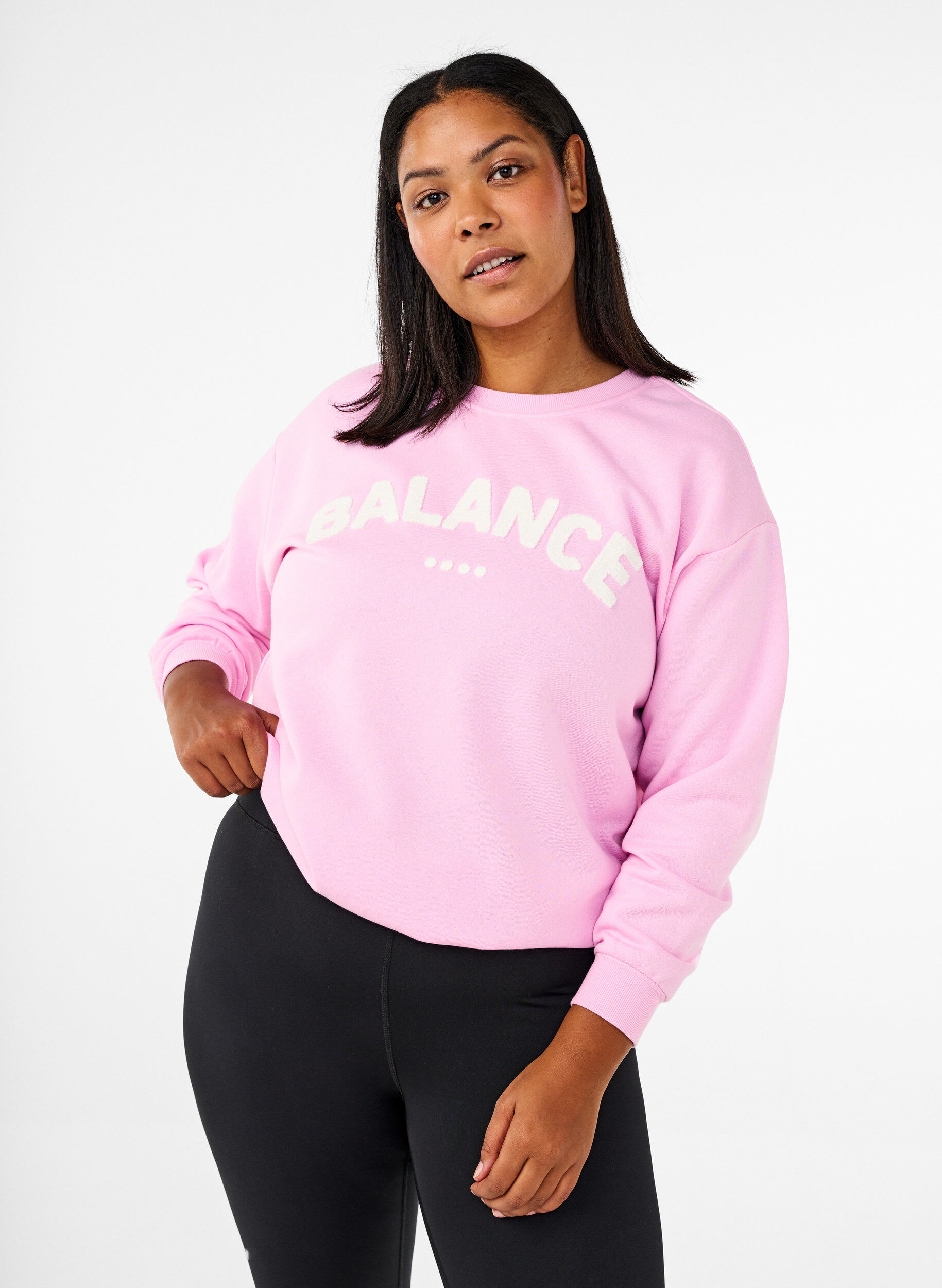 Zizzi Sweatshirt med frott&eacute;text, Rosa, Model image number 0