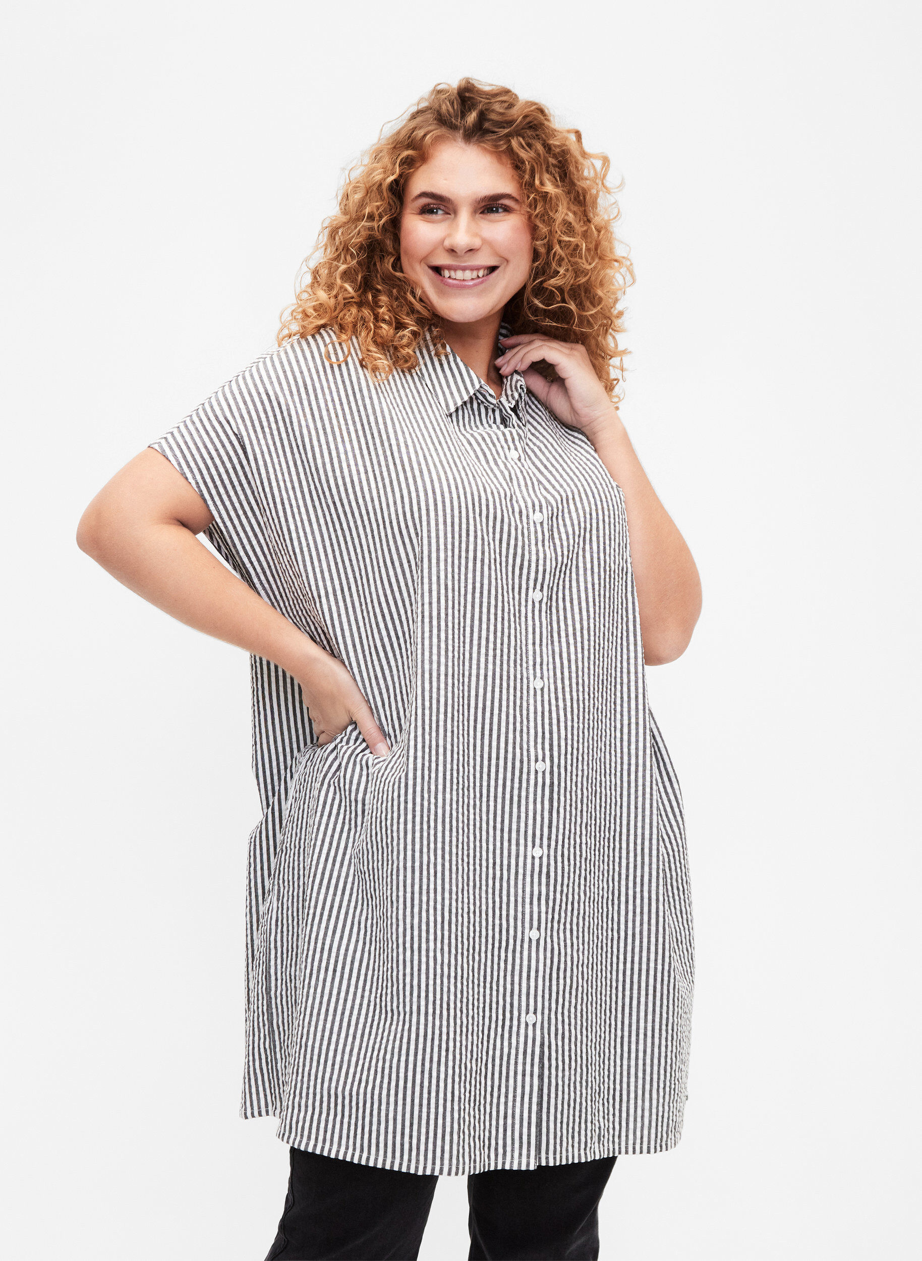 Zizzi L&aring;ng randig bomullsskjorta, Black, Model image number 0