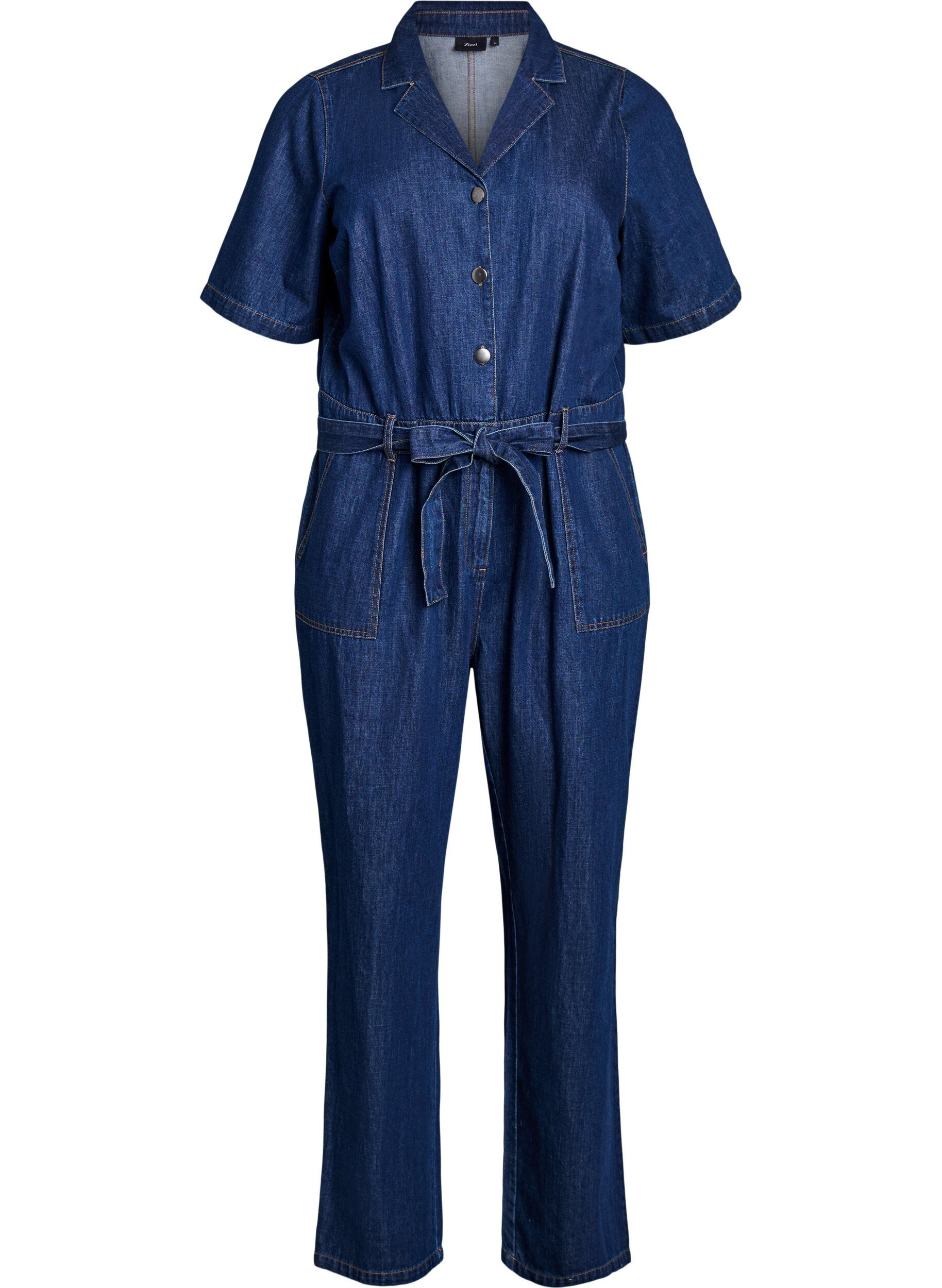 Zizzi Jumpsuit i denim med korta &auml;rmar och knytsk&auml;rp, Bl&aring;, Packshot image number 0