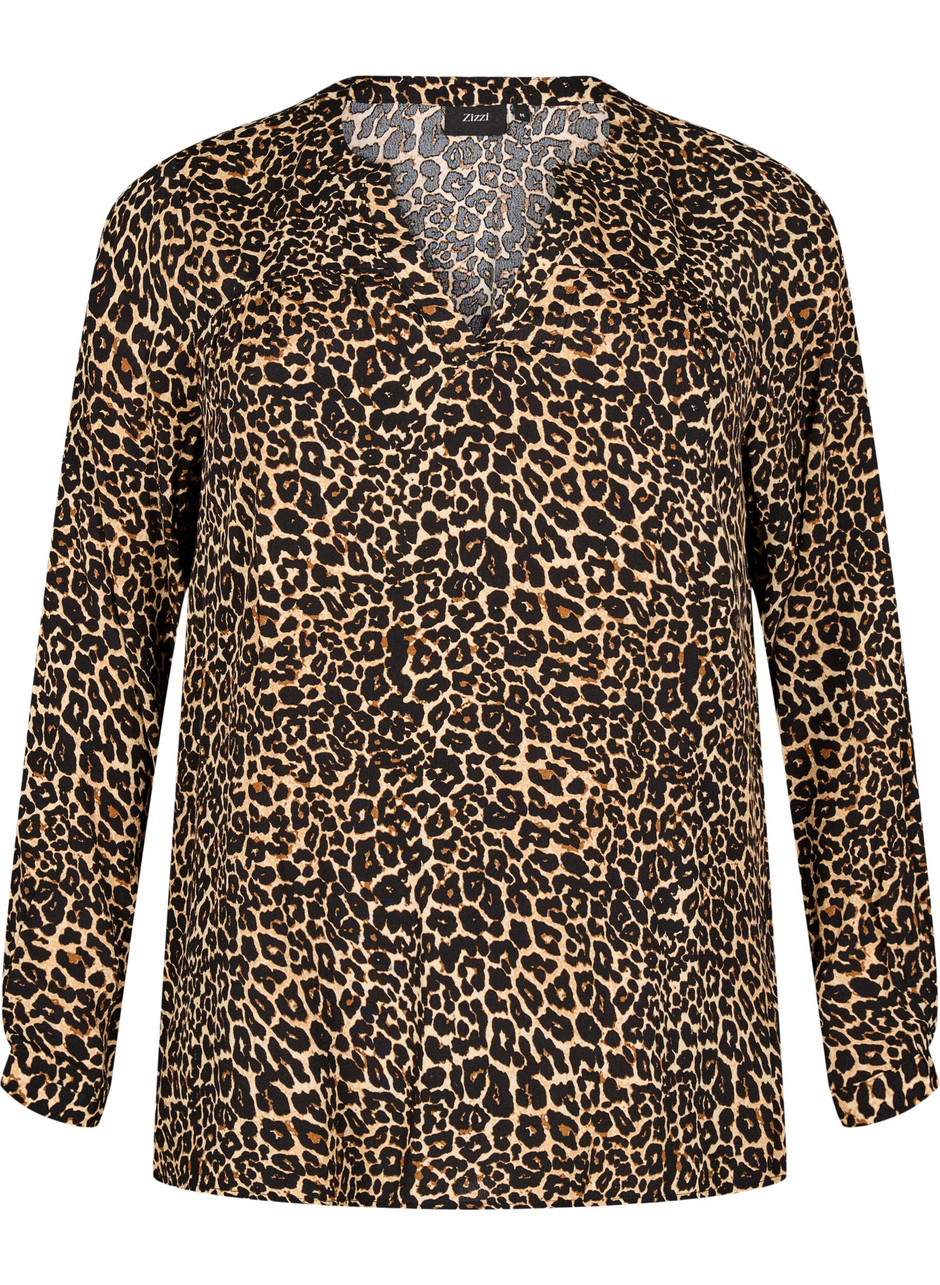 Zizzi L&aring;ng&auml;rmad blus med leopardm&ouml;nster och v-ringning, Brun, Packshot image number 0