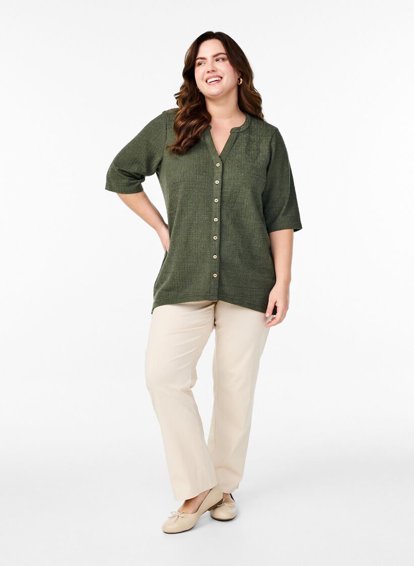 Blus med struktur och V-ringning, Thyme, Model image number 2