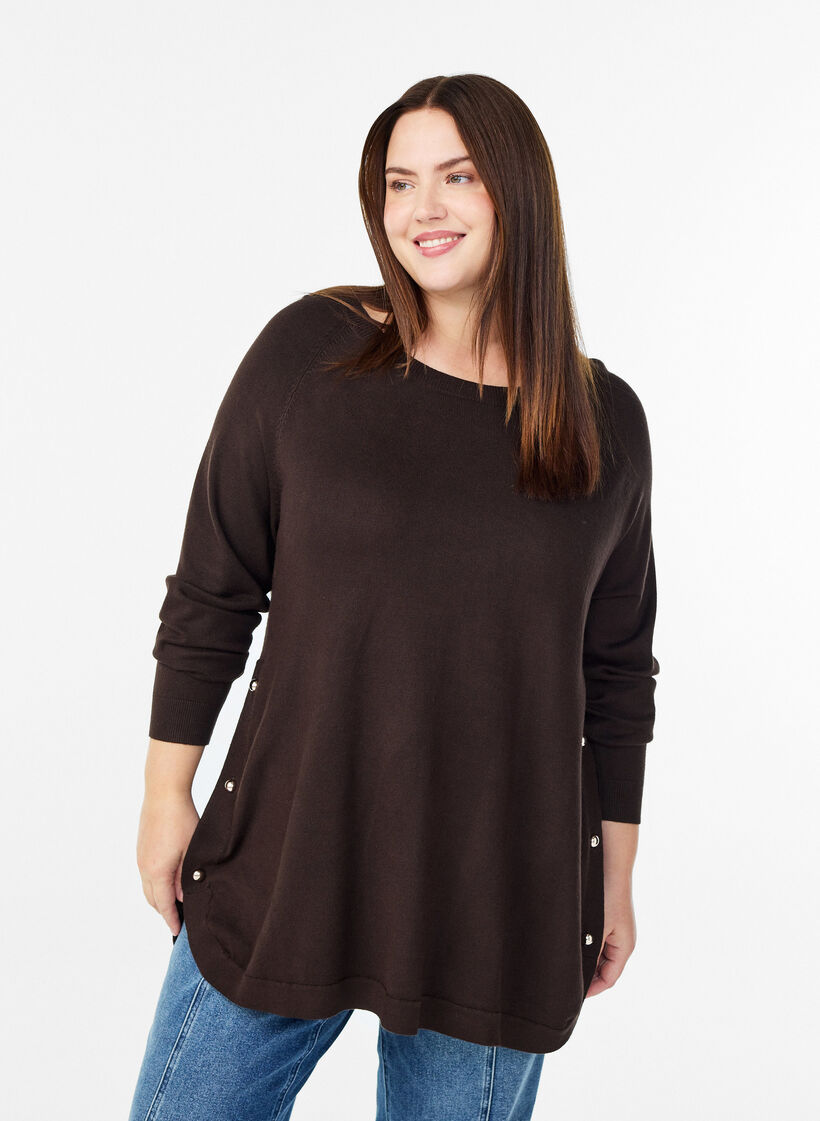 Stickad blus med knappar i sidan, Brun, Model image number 0