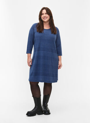 Klänning med trekvartsärm och randigt mönster, Estate Blue Melange, Model image number 3