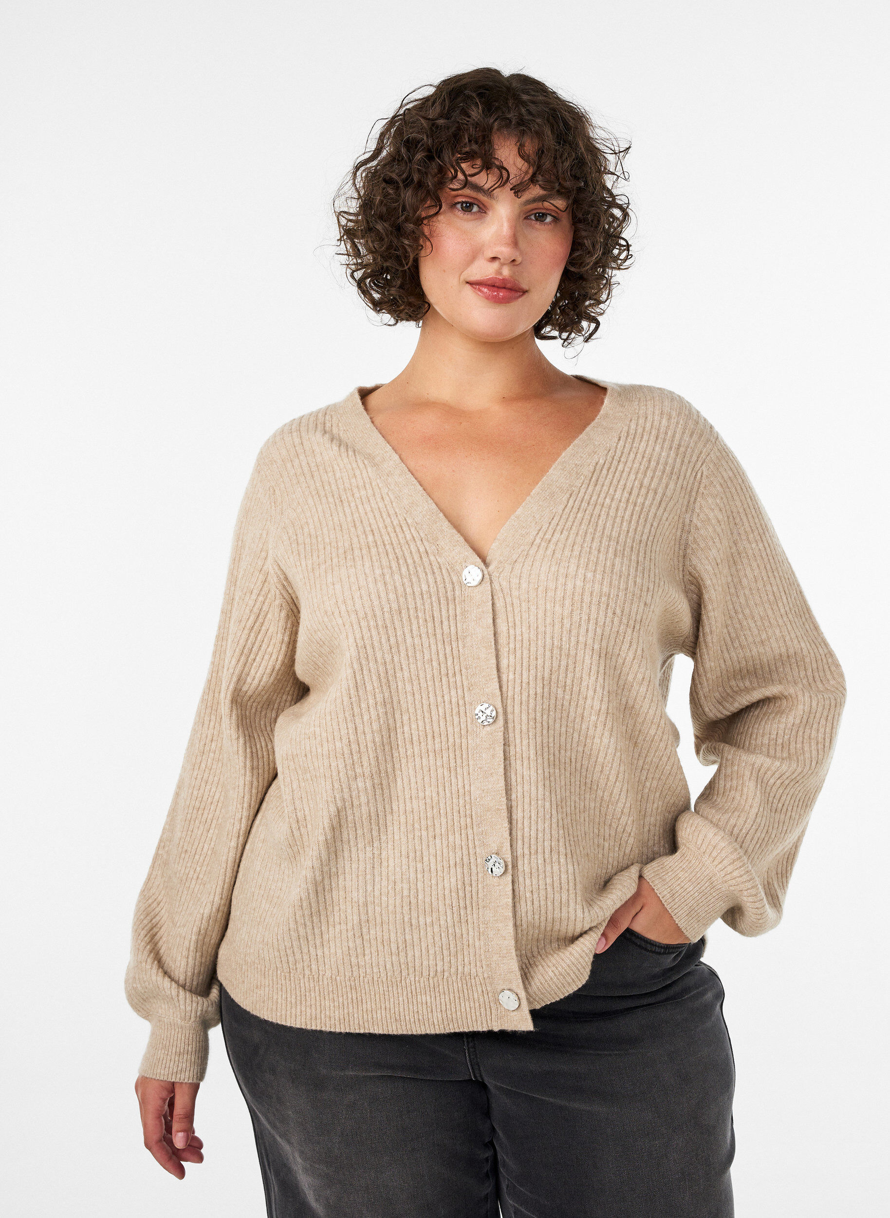 ZizziKofta med V-ringning och ribbad struktur, Beige, Model image number 0