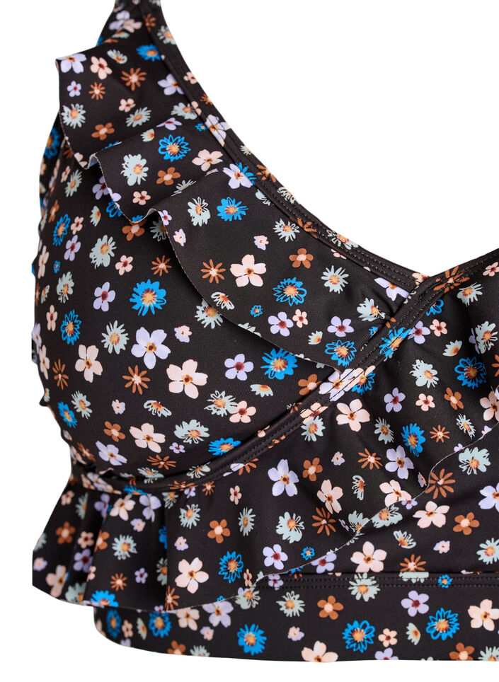 Bikinitopp med blommigt tryck och volangdetaljer, Brun, Packshot image number 2