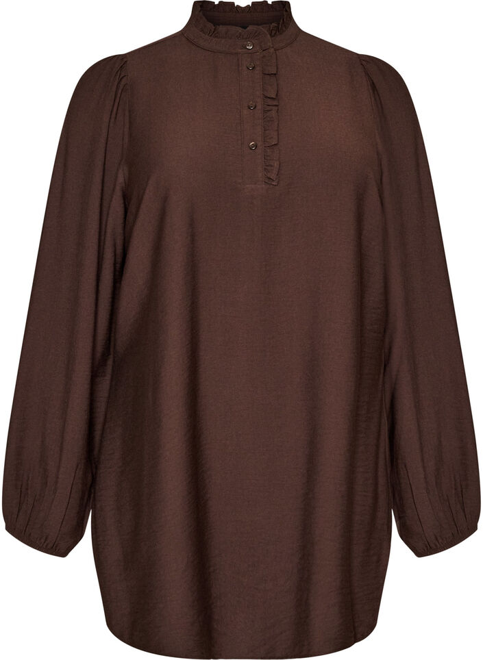 Tunika i viskos med volanger och knappar, Brun, Packshot image number 0