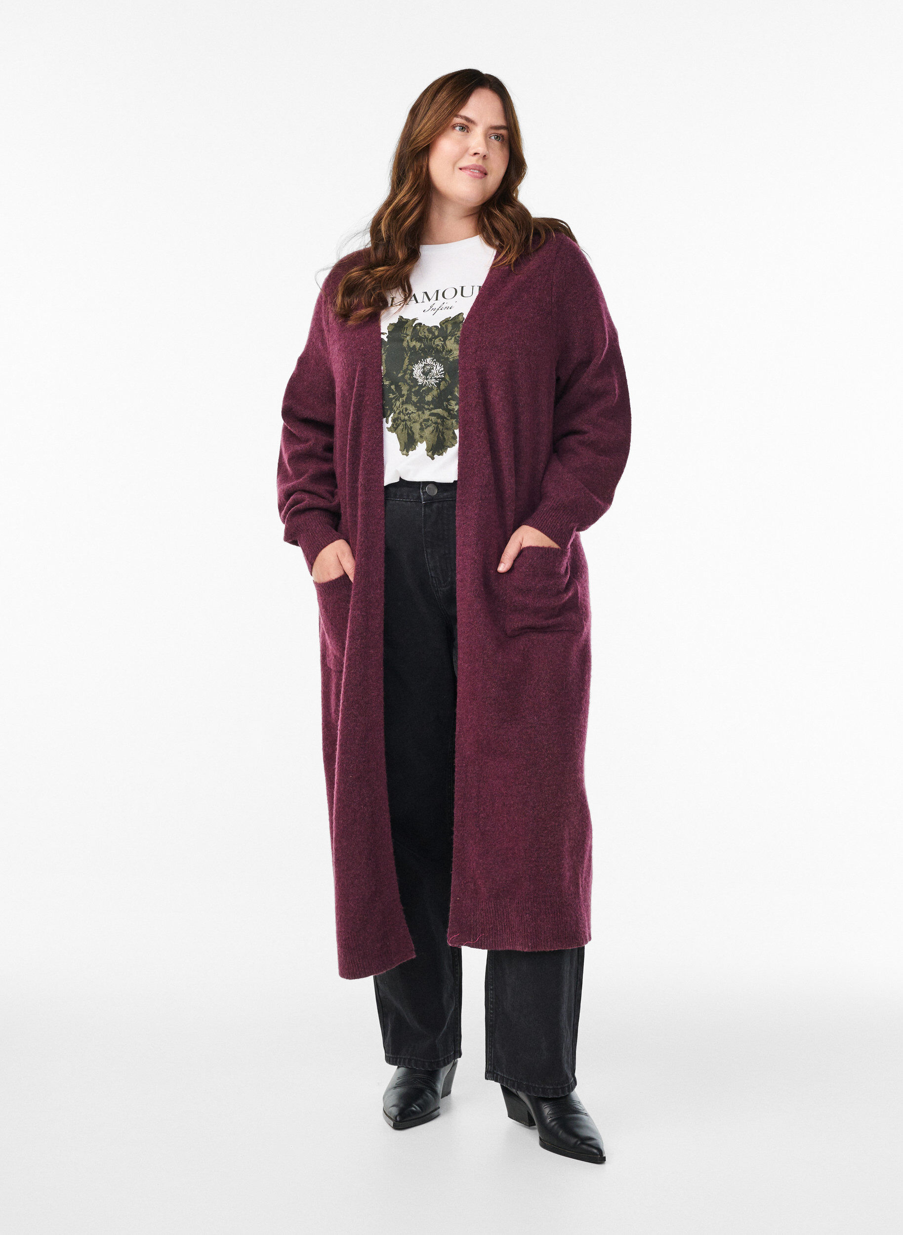 L&aring;ng stickad kofta med fickor, R&ouml;d, Model