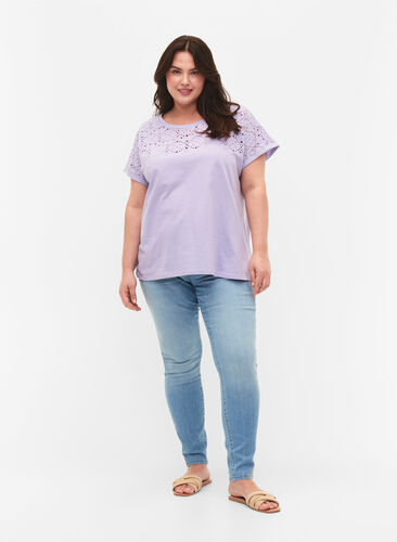 Löst sittande t-shirt med broderi anglaise, Lavender, Model image number 1