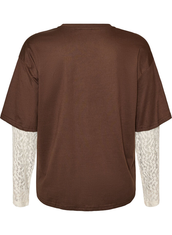 L&ouml;s t-shirt med l&aring;nga &auml;rmar i spets, Brun, Packshot image number 1