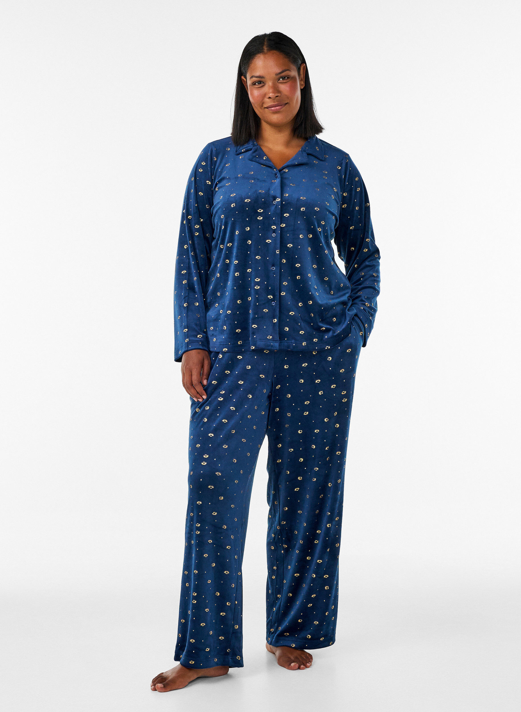 ZizziPyjamasskjorta i velour med helt&auml;ckande m&ouml;nster, Bl&aring;, Model image number 1