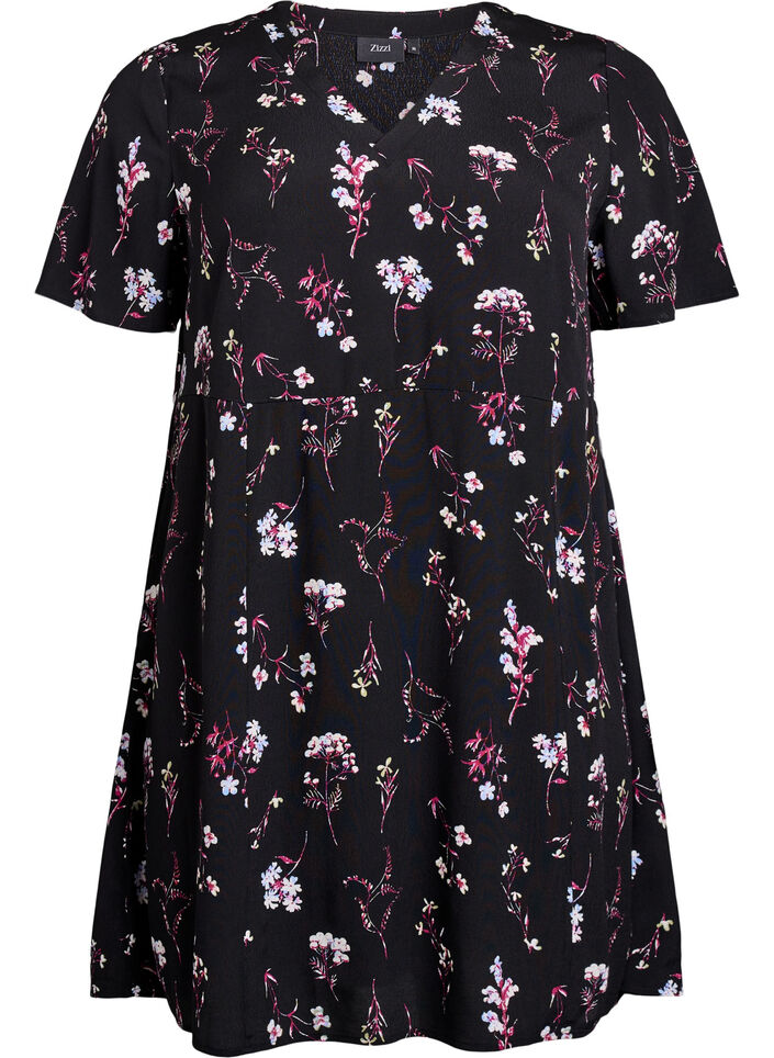 Kort kl&auml;nning med blomm&ouml;nster, Svart, Packshot image number 0