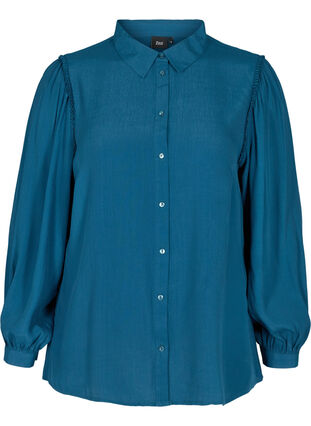 Långärmad skjorta i viskos med volangdetalj, Reflecting Pond, Packshot image number 0