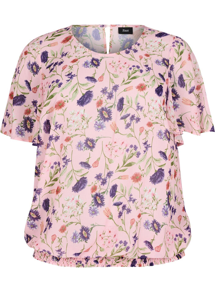 Blus i blommigt med korta &auml;rmar och smock, Rosa, Packshot image number 0