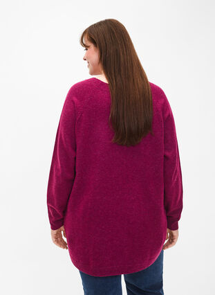 Melerad stickad tröja med pärlknappar på sidorna	, Raspberry Mel., Model image number 1