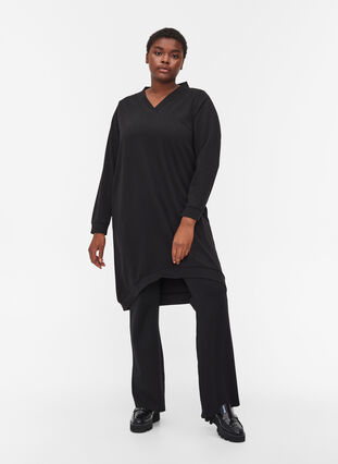 Enfärgad klänning i sweatshirtmaterial, Black, Model image number 2