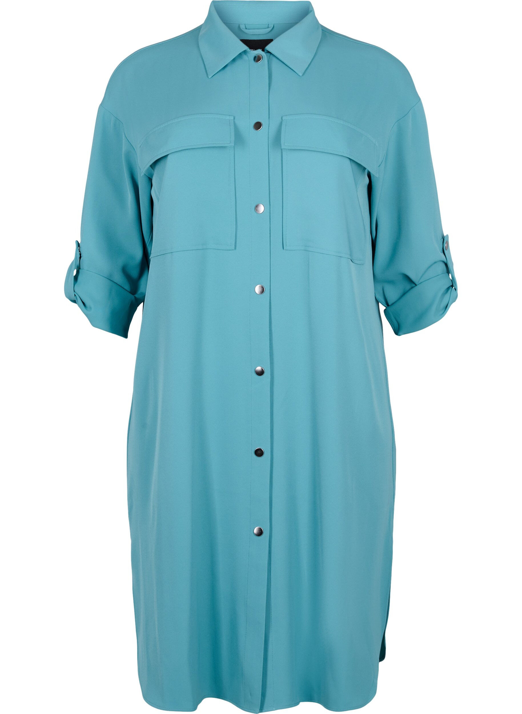 Zizzi L&aring;ng skjortjacka med knappar, Brittany Blue, Packshot image number 0