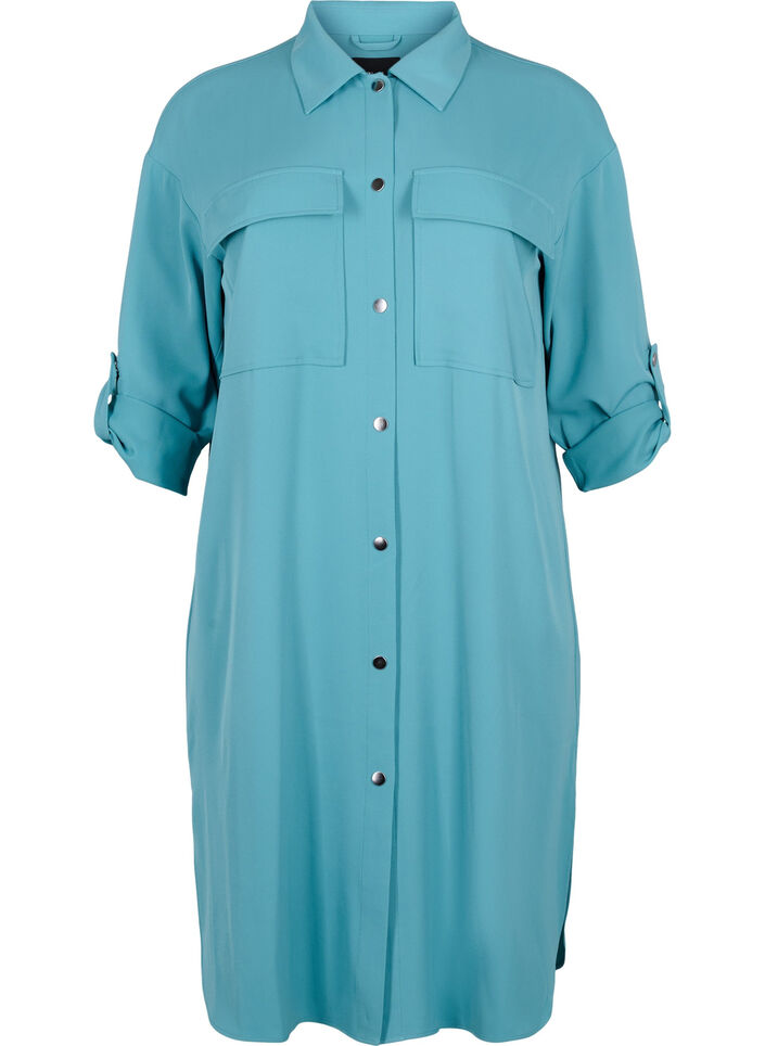 Lång skjortjacka med knappar, Brittany Blue, Packshot image number 0