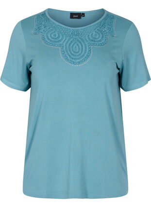 T-shirt i viskos med spetsdetaljer, Smoke Blue, Packshot image number 0