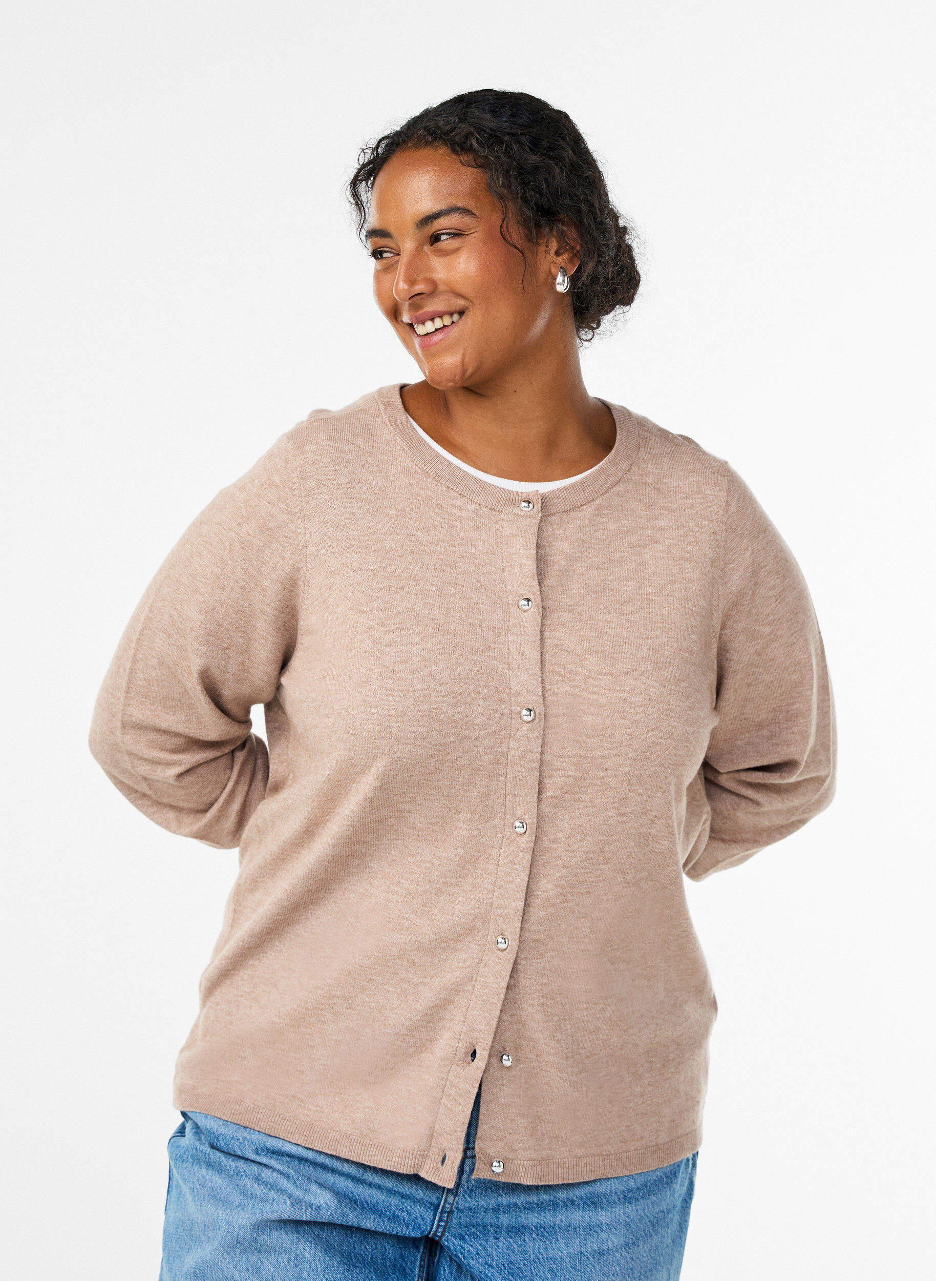 Cardigan med runda knappar, Beige, Model