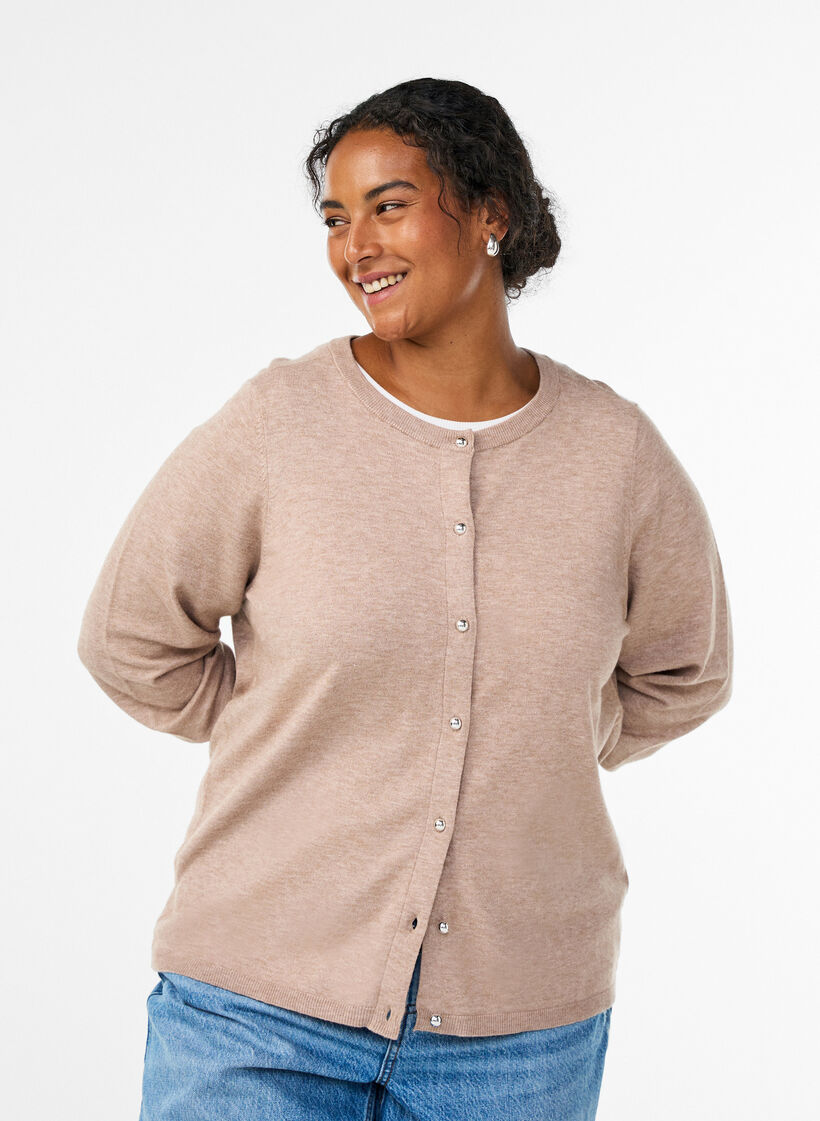 Cardigan med runda knappar, Beige, Model image number 0