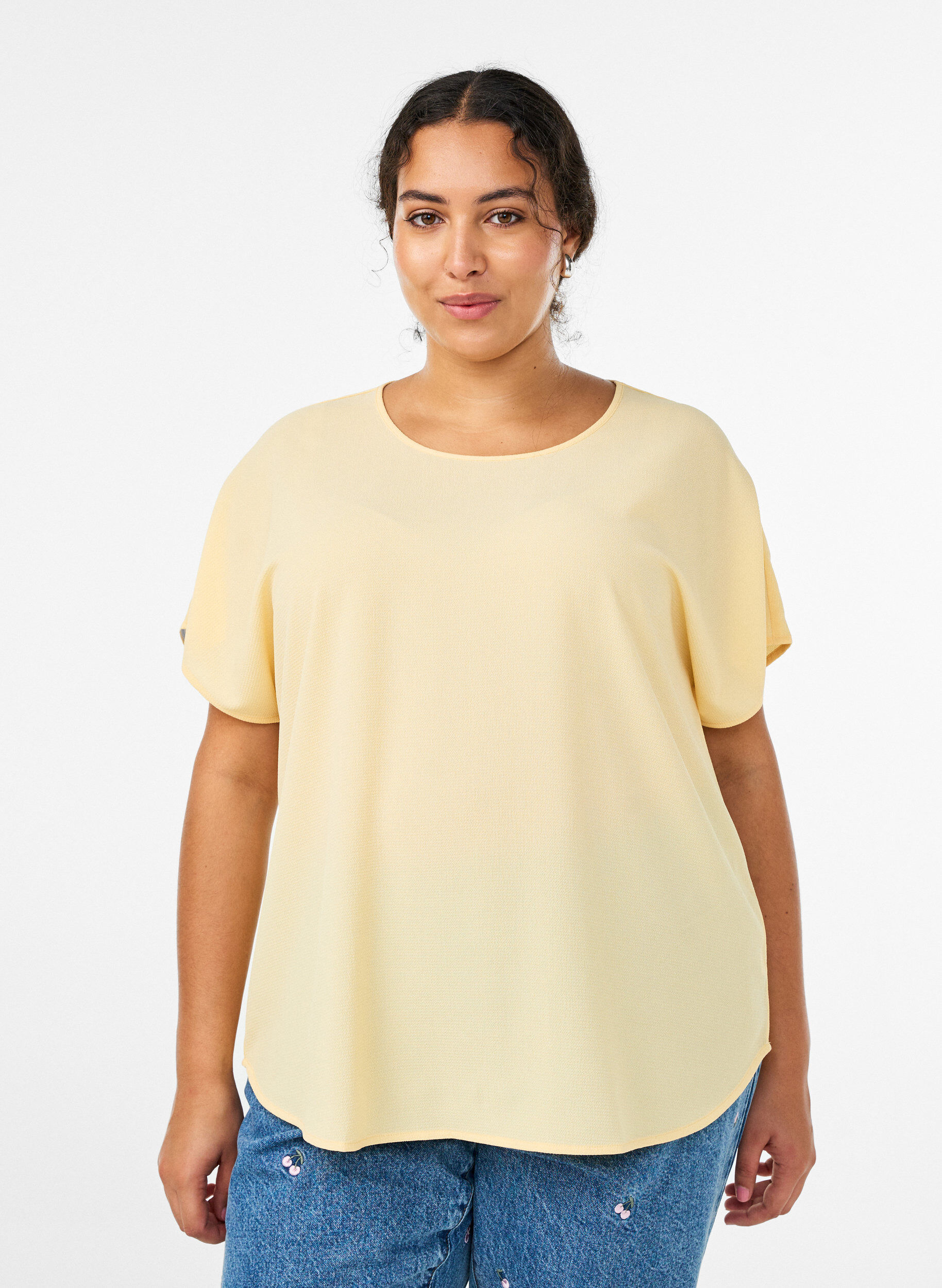 Blus med korta &auml;rmar och rund halsringning, Gul, Model