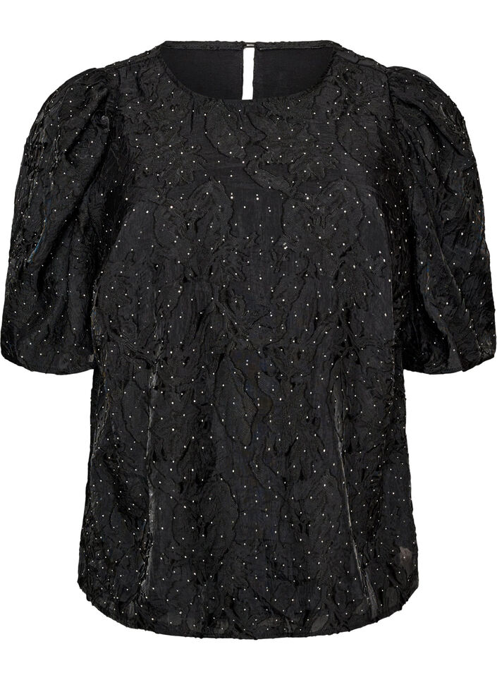 Jacquardblus med glittriga detaljer och puff&auml;rmar, Svart, Packshot image number 0