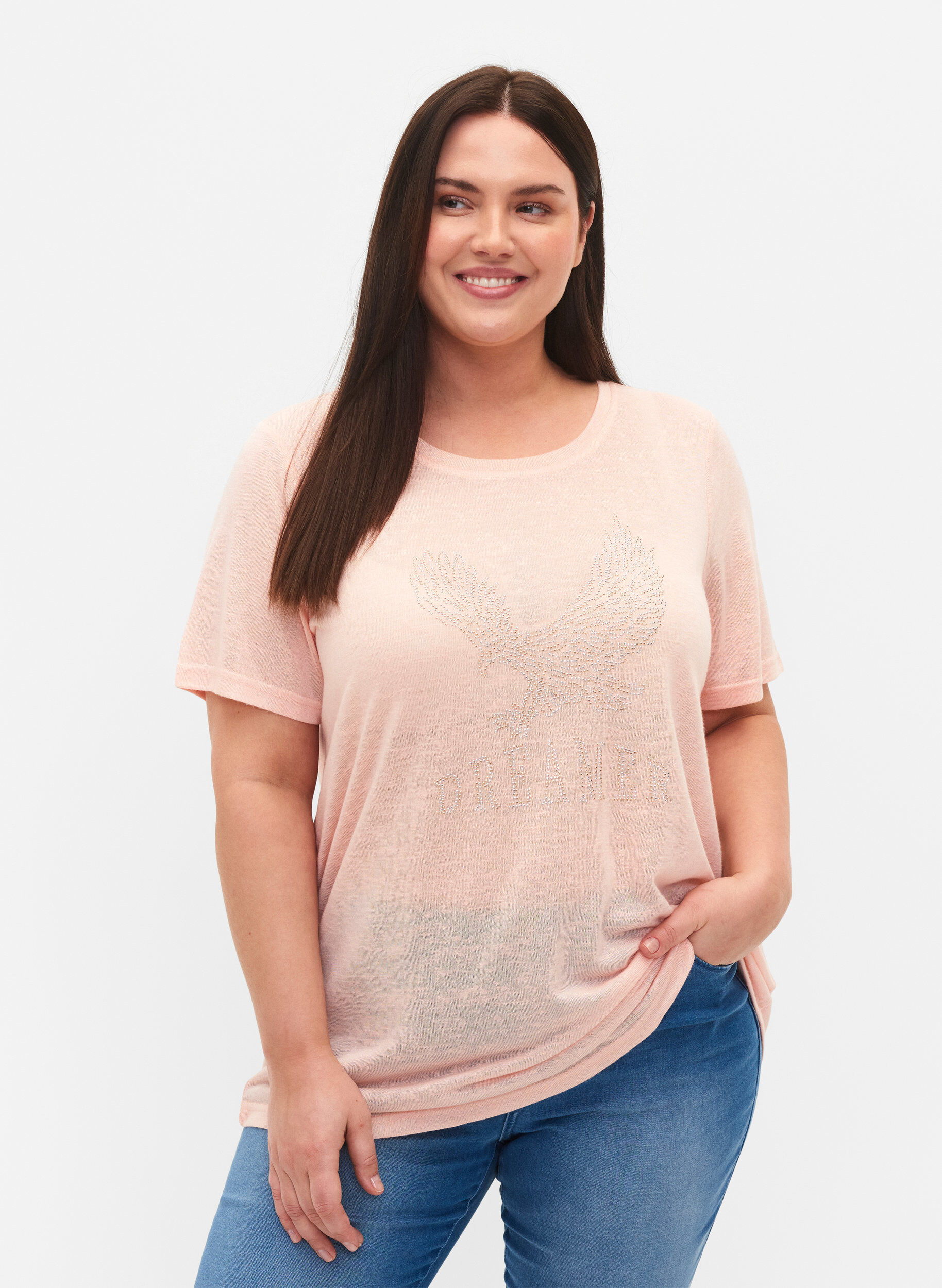Zizzi T-shirt med nitar och rund halsringning, Pale Blush, Model image number 0