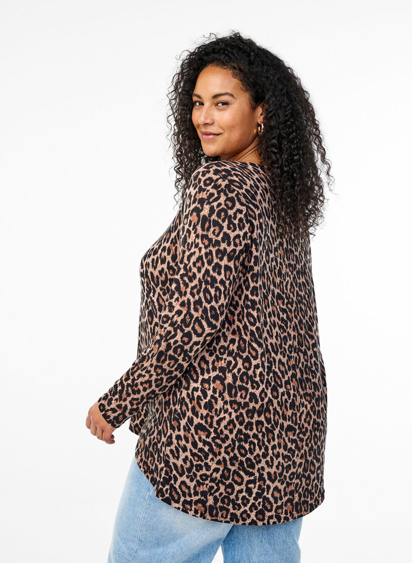 Leopardmönstrad blus med långa ärmar, Brun, Model image number 2